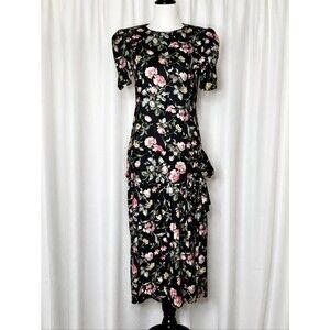 Maggie Breen Vintage Black Floral Drop Waist Romantic Cottagecore Midi Dress